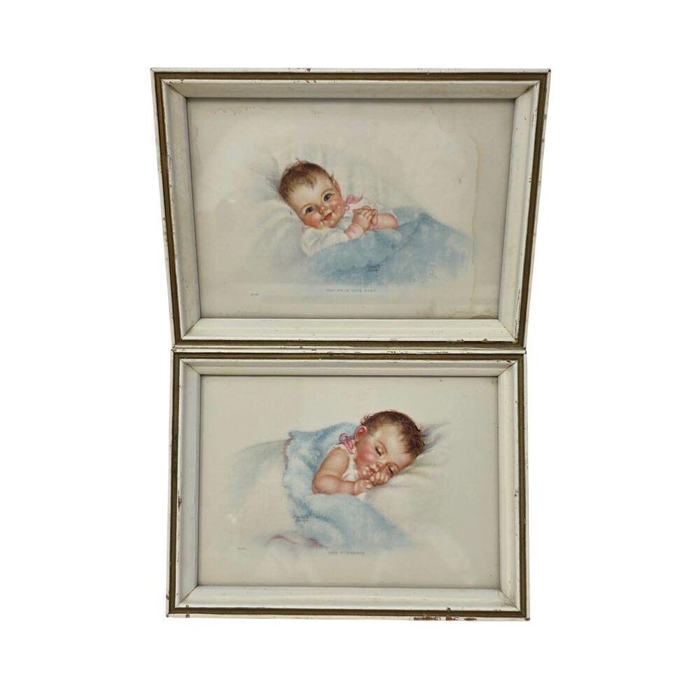 Vintage Charlotte Becker Baby Prints Set of 2 Framed Nursery Art Cottage Decor